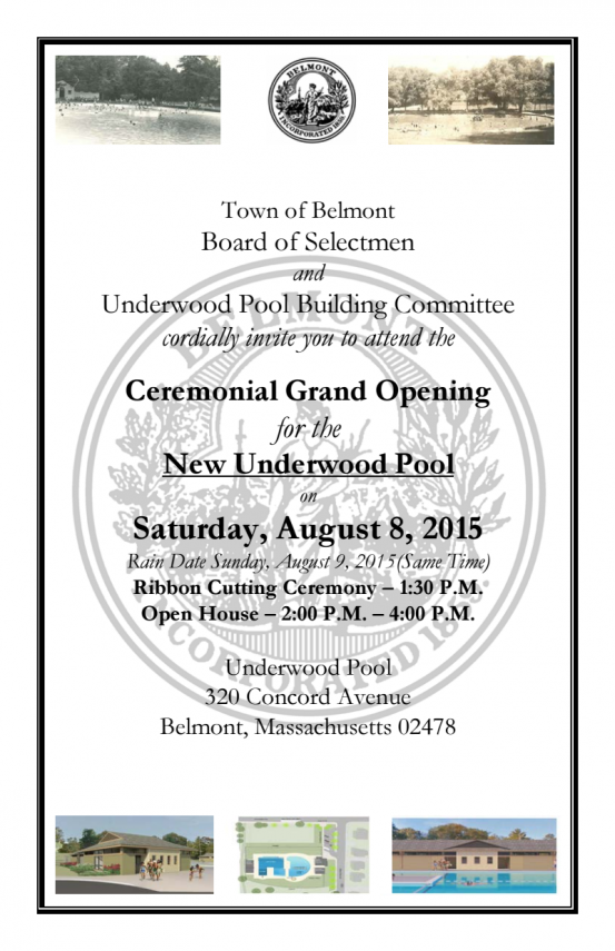 New Belmont Underwood Pool Ceremonial Opening August 8 Will Brownsberger